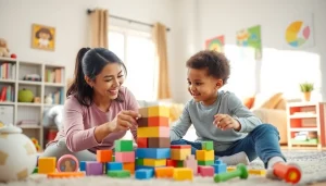 Part-time Nanny Dubai playing with a child in a bright living room filled with toys.