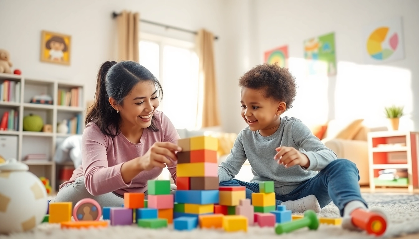 Part-time Nanny Dubai playing with a child in a bright living room filled with toys.