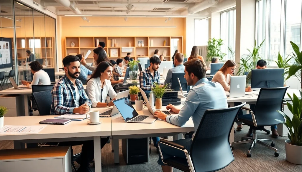 Engaged professionals collaborating in small business jobs within a vibrant office space.