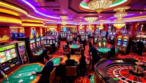 Casino gaming scene featuring KJC brand elements, showcasing vibrant tables and exciting players.