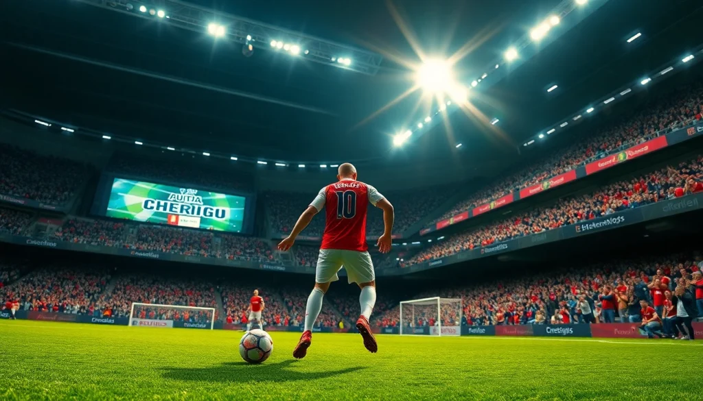 تقديم مباراة كورة لايف مع لاعب يسدد الكرة وسط حماس الجماهير.