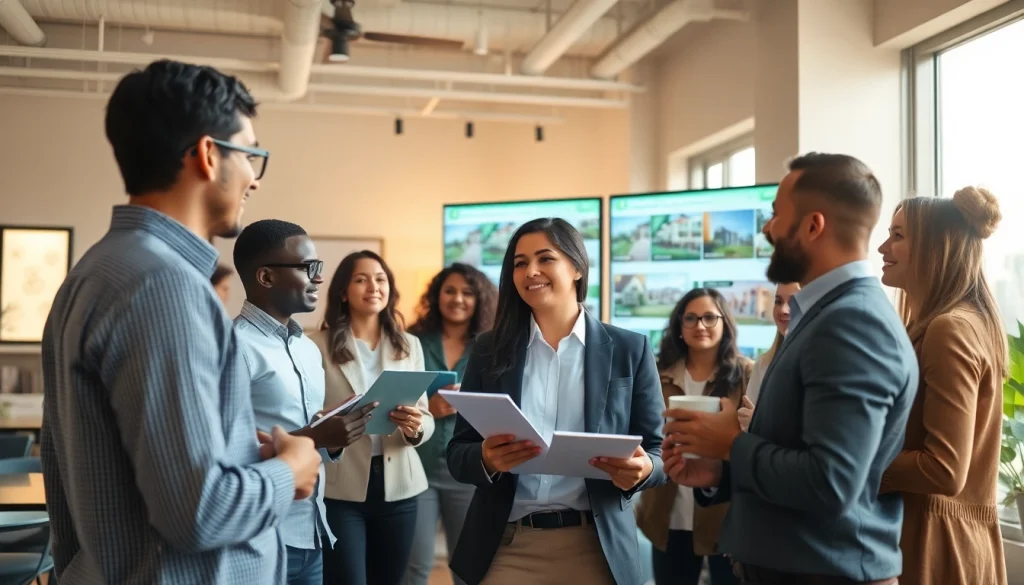 Engaging real estate agent showcases properties to eager buyers in a modern office.