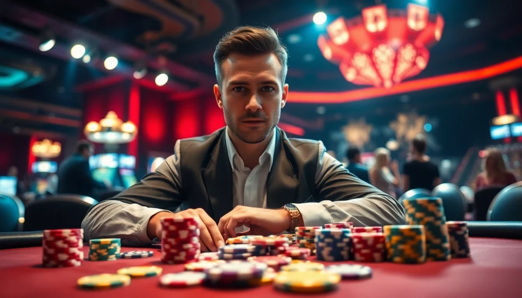 Tampil bandar toto terpercaya dengan penampilan percaya diri di meja poker dalam kasino yang ramai.