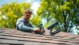 Showcasing high-quality roofing solutions with a professional contractor installing shingles.