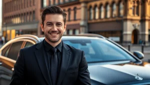 Chauffeur Nottingham showcasing a professional driver next to a luxury sedan in the city.
