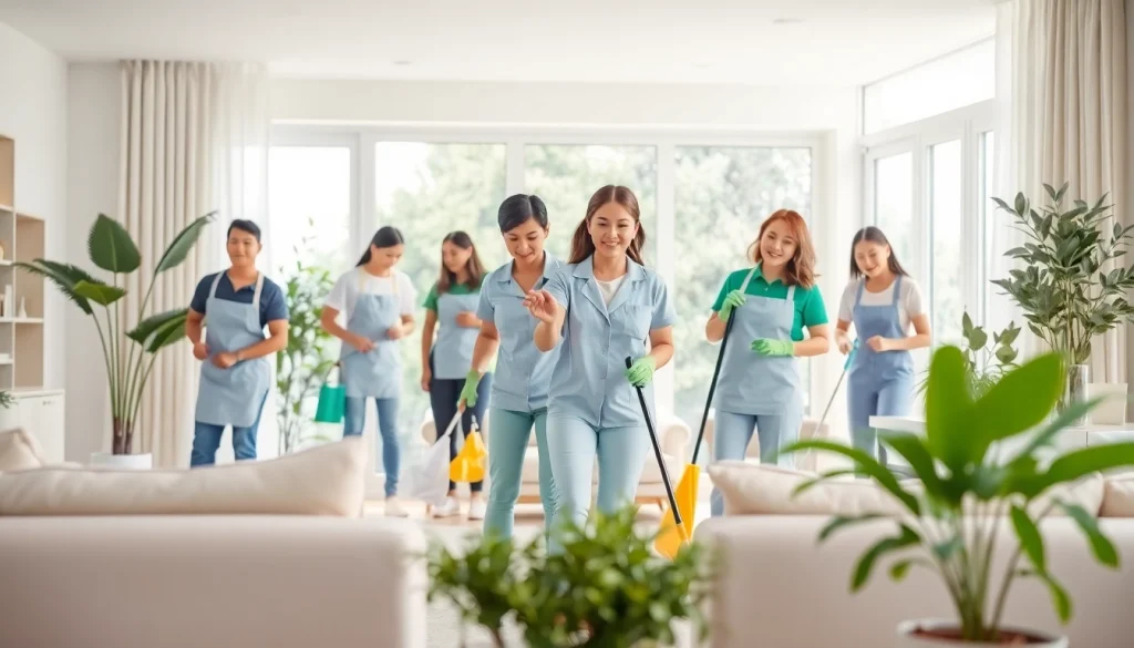 Cleaning Service team performing tasks in a bright, freshly cleaned living room.