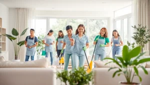 Cleaning Service team performing tasks in a bright, freshly cleaned living room.