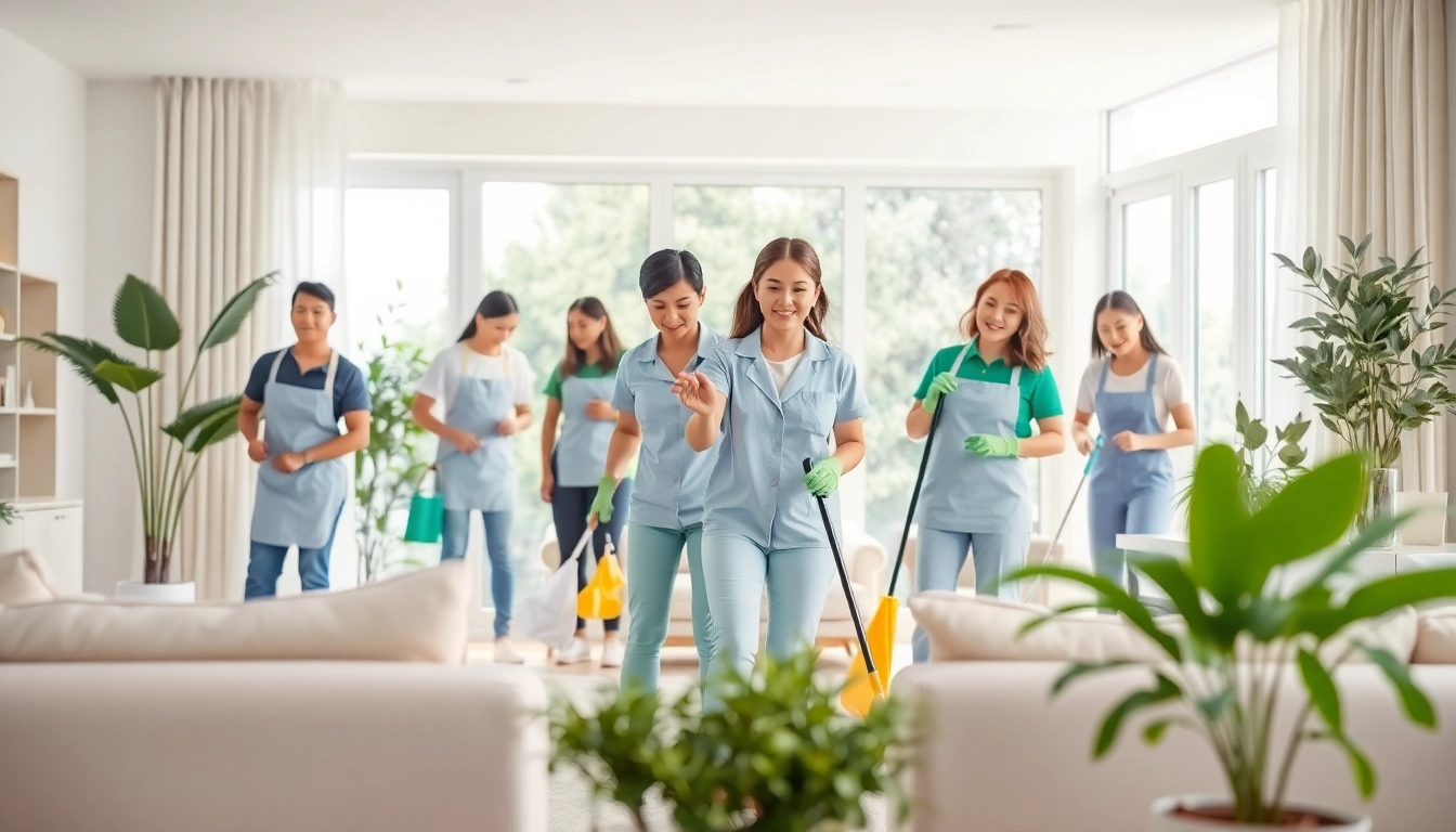 Cleaning Service team performing tasks in a bright, freshly cleaned living room.