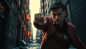 Heroic protagonist prepares for action in a thrilling urban scene of a Clean action thriller.