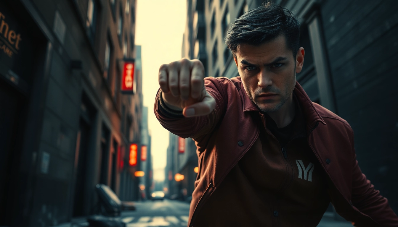 Heroic protagonist prepares for action in a thrilling urban scene of a Clean action thriller.