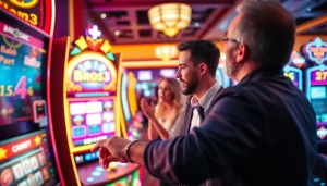 Permainan bro138 slot dengan pemain yang antusias di kasino yang penuh warna.