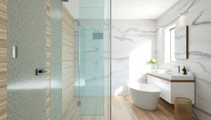 Paroi de douche élégante et moderne dans une salle de bain lumineuse.