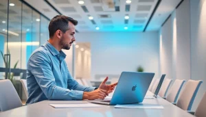 Consultor de Cloud Consulting analizando datos en una oficina moderna con tecnología avanzada.