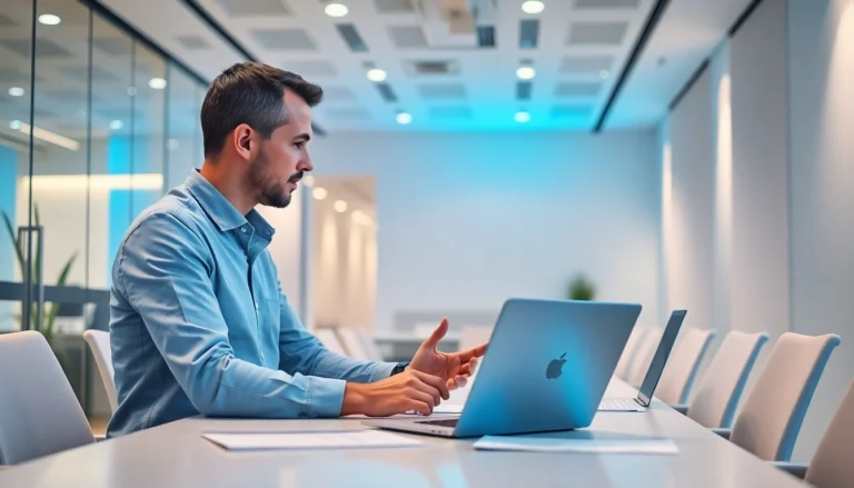 Consultor de Cloud Consulting analizando datos en una oficina moderna con tecnología avanzada.