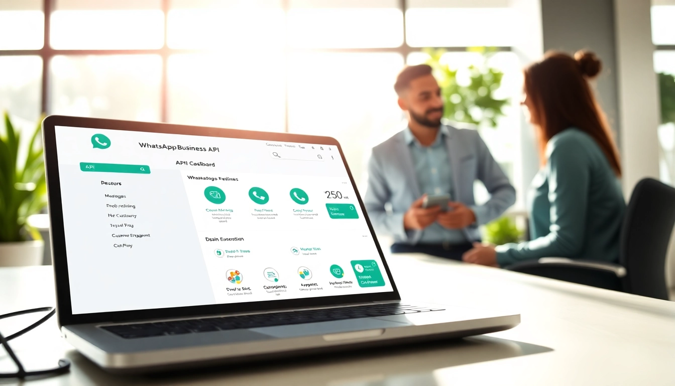 Illustration of WhatsApp Business API functionality in a modern workspace with interactive elements.
