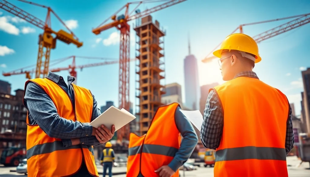 New York Construction Manager directing a lively construction site in New York City.