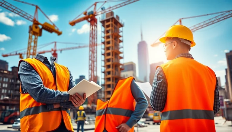 New York Construction Manager directing a lively construction site in New York City.