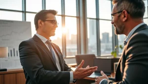 Engaging wealth management San Antonio advisor discussing strategies with a client in a modern office.