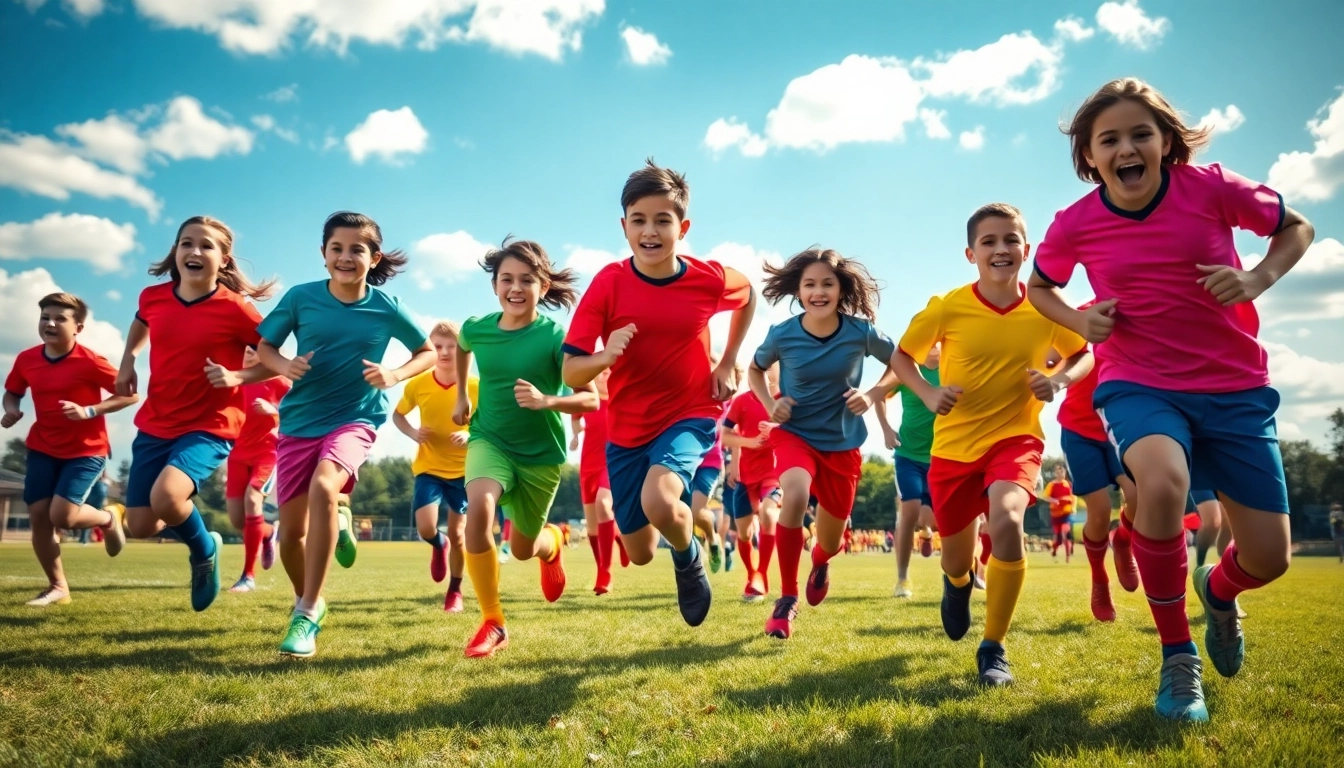 Young players showcasing their colorful team football kits during an energetic match.