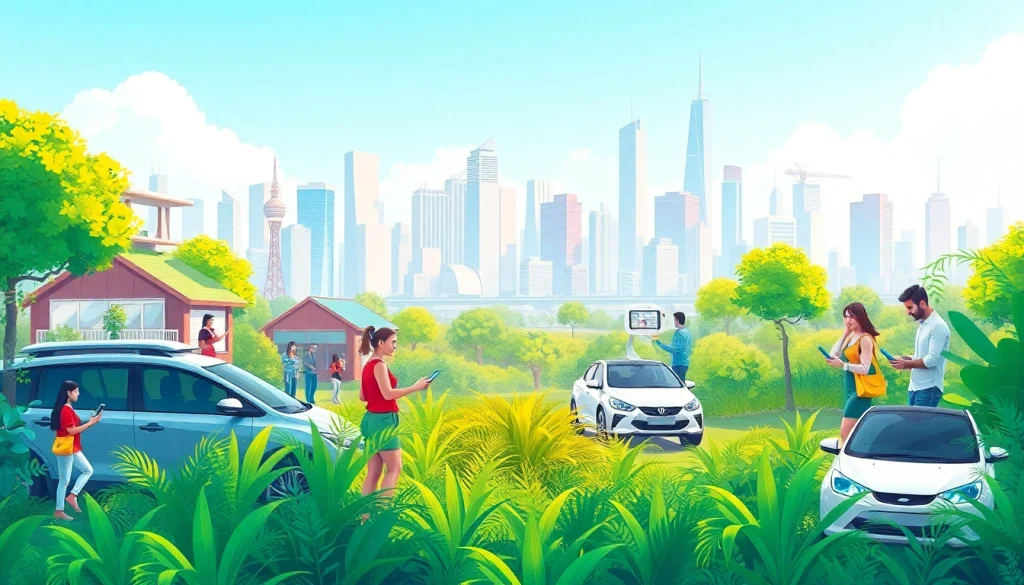 Technology integration visualizes diverse interactions within a futuristic urban landscape.