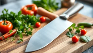 Learn how to choose a chef’s knife with this close-up of a high-quality chef's knife and fresh vegetables.