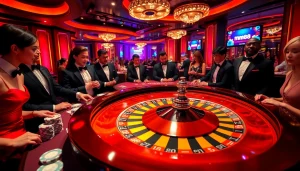 mm88 features a thrilling casino scene with players enjoying roulette at a vibrant table illuminated by dynamic lights.