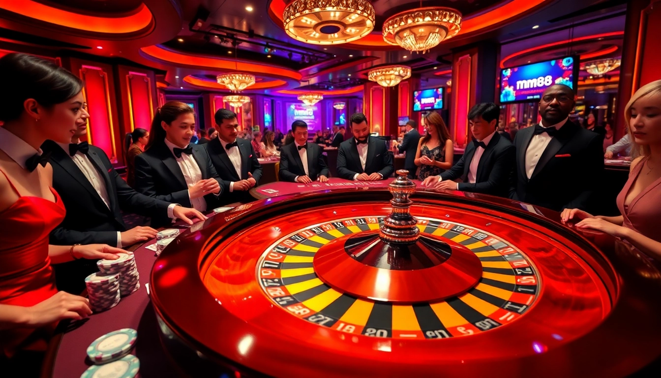 mm88 features a thrilling casino scene with players enjoying roulette at a vibrant table illuminated by dynamic lights.