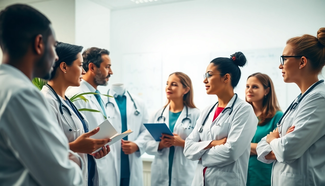 Health professionals collaborating in a modern clinic, emphasizing teamwork and patient care.