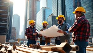 Manhattan Commercial General Contractor team discussing project plans with tools at construction site.