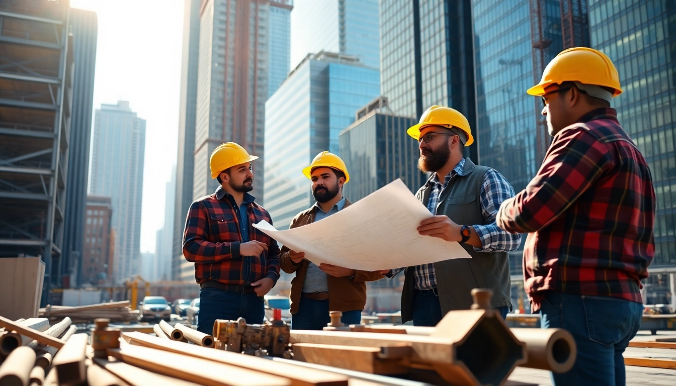 Manhattan Commercial General Contractor team discussing project plans with tools at construction site.