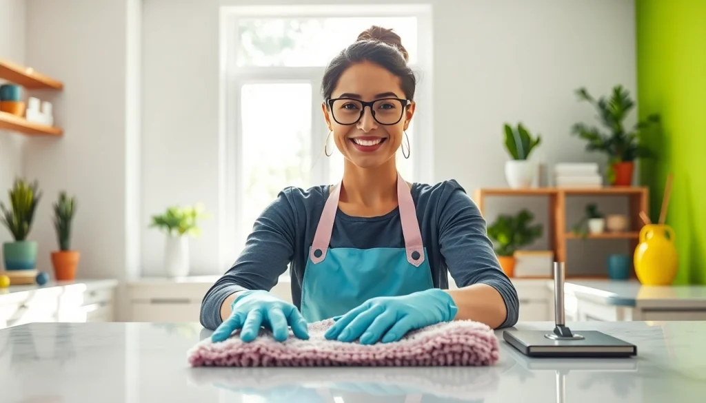 Engaging cleaning service showcasing a professional cleaner and a bright, spotless home environment.