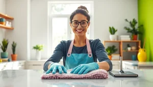 Engaging cleaning service showcasing a professional cleaner and a bright, spotless home environment.