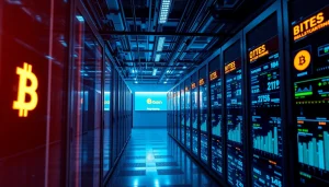 Visual representation of bitcoin cloud mining technology in a modern facility.