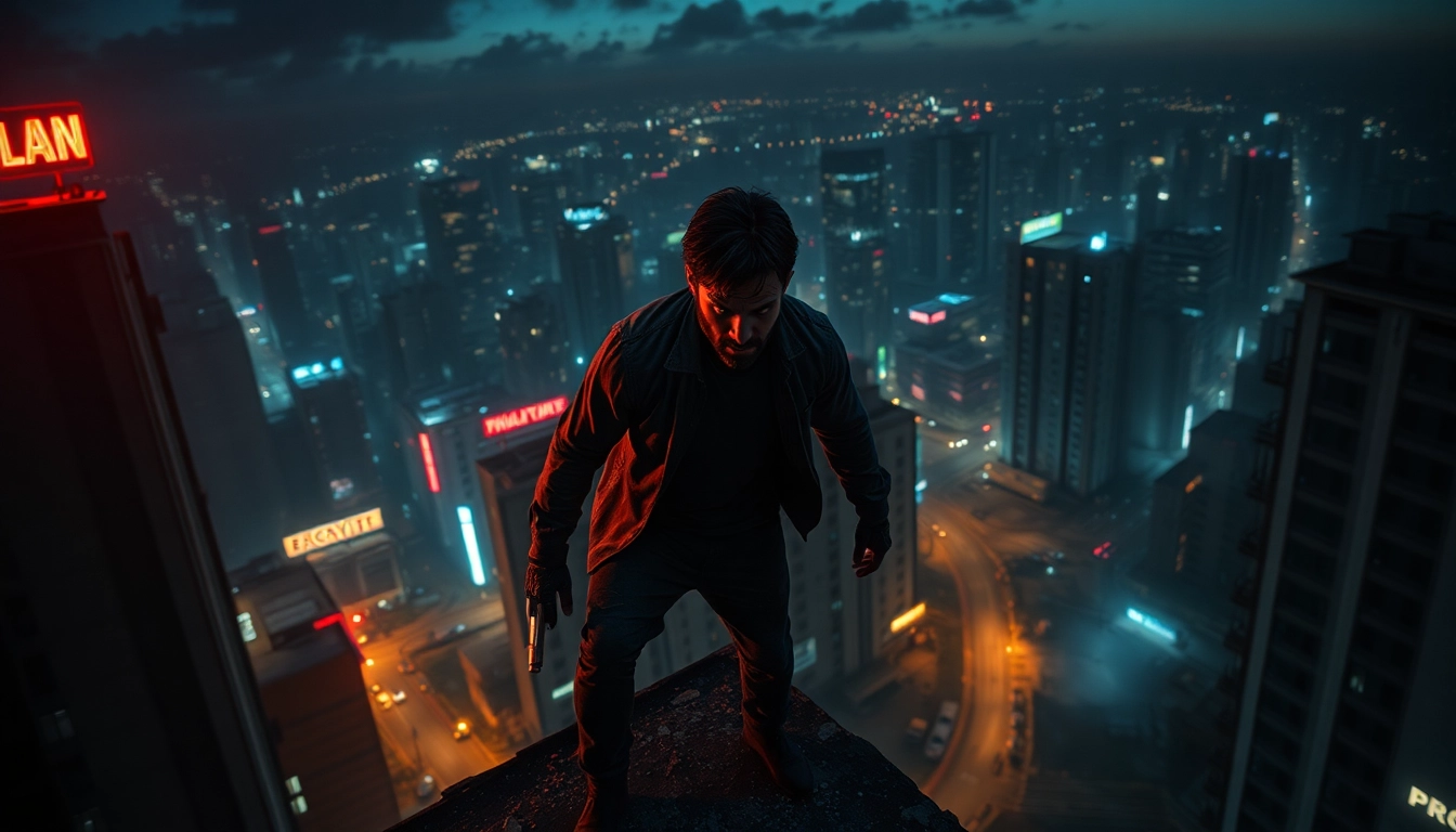 Featuring a rugged protagonist in a Clean action thriller with a dramatic urban backdrop.