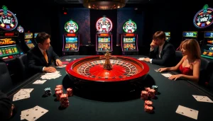 Hòa mình vào sự hứng khởi của Ứng dụng Bet VIP trong cảnh casino sang trọng này, với các máy đánh bạc đầy màu sắc và một bàn roulette.