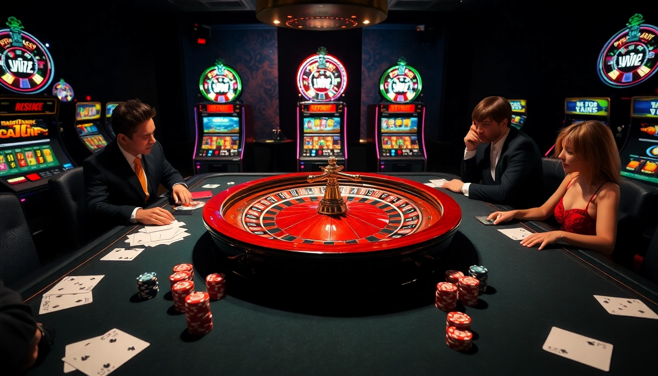 Hòa mình vào sự hứng khởi của Ứng dụng Bet VIP trong cảnh casino sang trọng này, với các máy đánh bạc đầy màu sắc và một bàn roulette.
