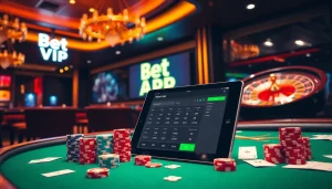 Ứng dụng Bet VIP trong một casino sang trọng với chip bài poker và bánh xe roulette.