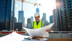 New York City Construction Manager leading a site meeting in a vibrant urban environment.
