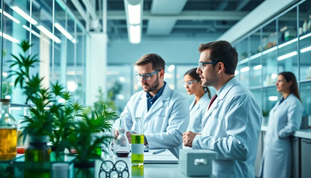 Visual of scientists researching WIN55 cannabinoid effects in a modern lab.
