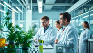 Visual of scientists researching WIN55 cannabinoid effects in a modern lab.