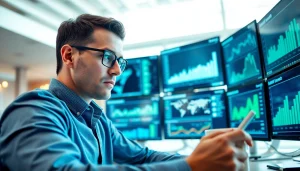 Analyze competitive intelligence data in a bright, modern office environment with engaging charts.