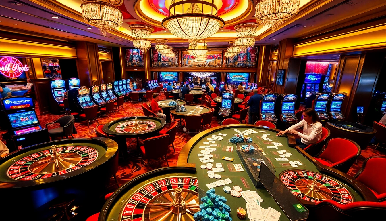 Situs Slot Terpercaya showcases an exciting casino scene with roulette wheels, slot machines, and engaged players.
