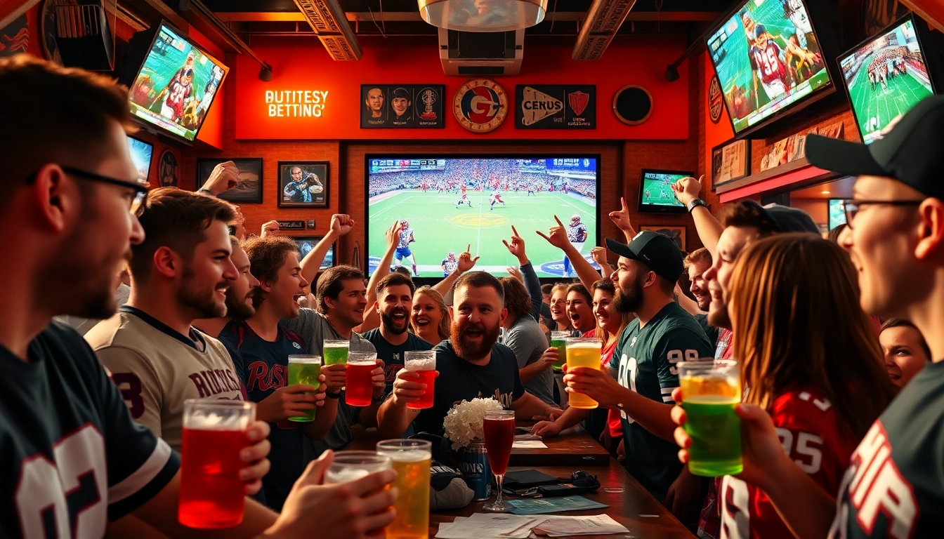 Engaged crowd watching live events at a Georgia sports betting venue, full of excitement.