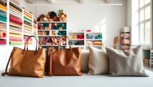 Skai leer samples displayed creatively in a bright studio.