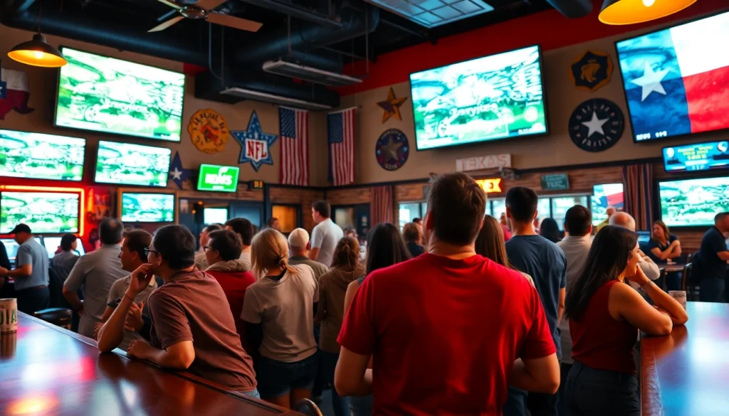 Illustration of enthusiastic patrons enjoying Texas sports betting at a lively sports bar.