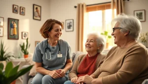 Austin senior home care illustrated by caregivers providing companionship in a cozy setting.