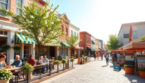 Clarksburg downtown scene with vibrant cafés and historic buildings bustling with activity.