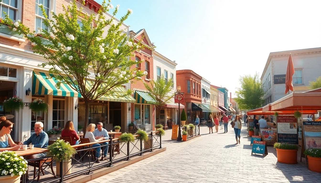 Clarksburg downtown scene with vibrant cafés and historic buildings bustling with activity.