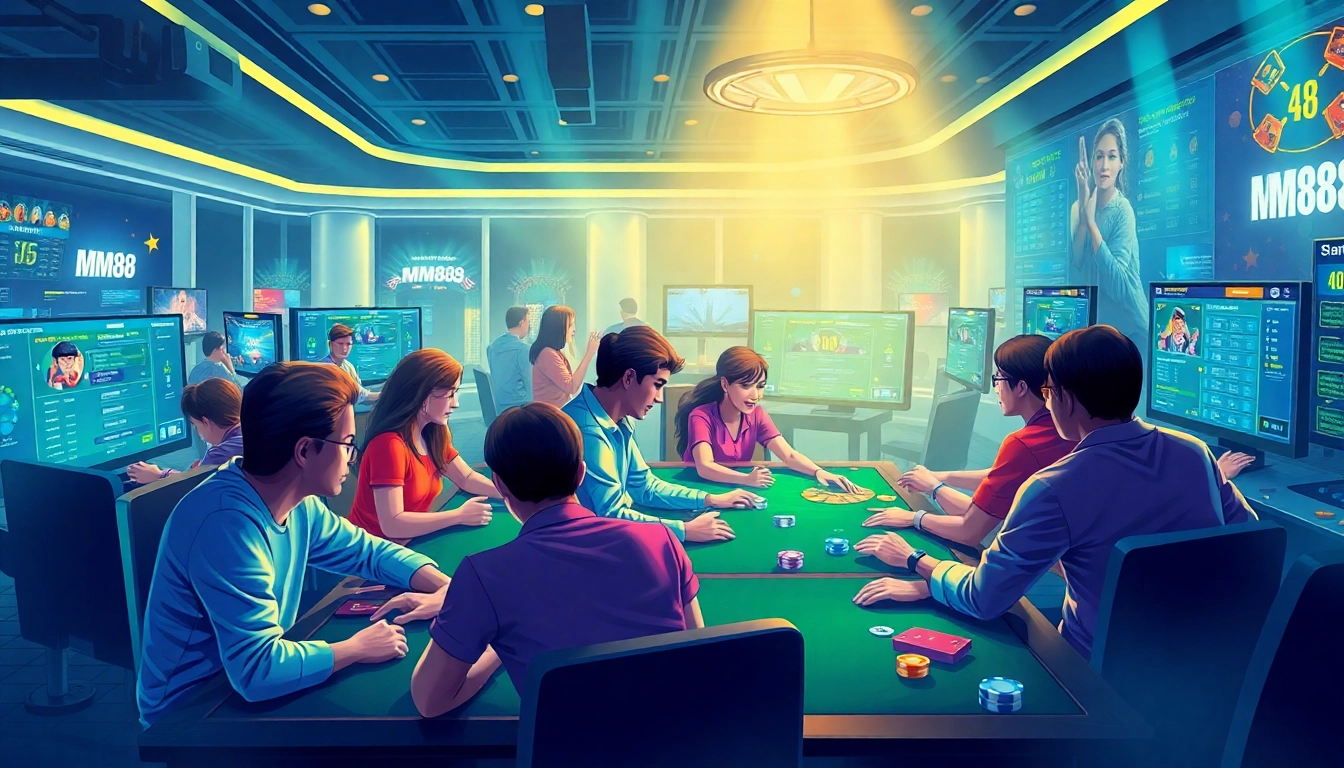 Engaging online gaming scene on https://mm88.agency/ showcasing diverse players enjoying poker and sports betting in a vibrant digital interface.