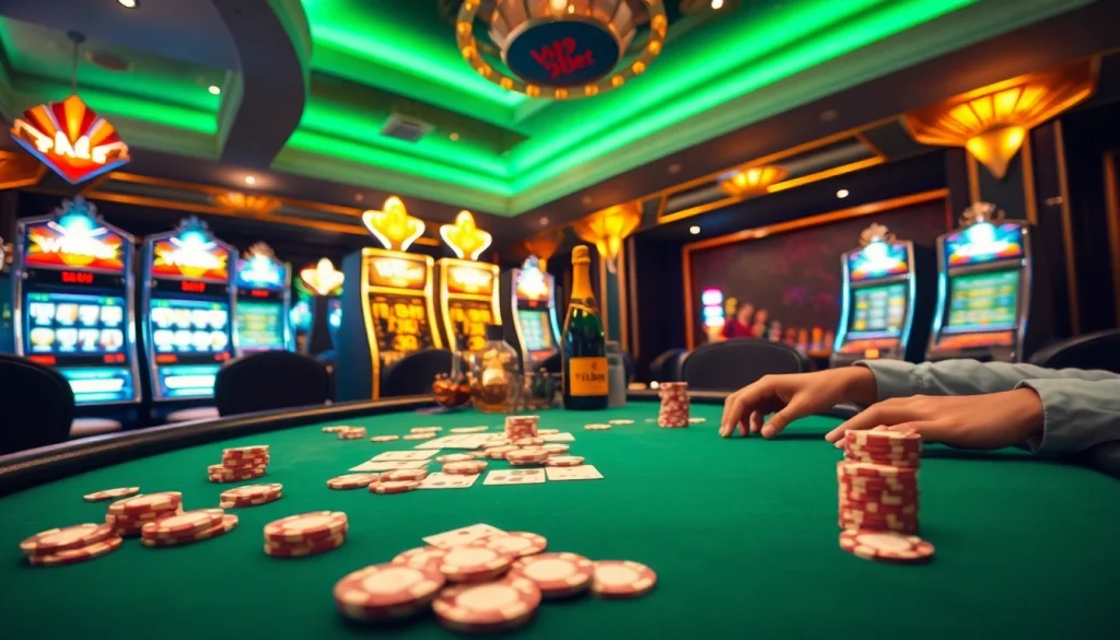 Experience the excitement of a V9bet poker game with vibrant chips and elegant casino elements.